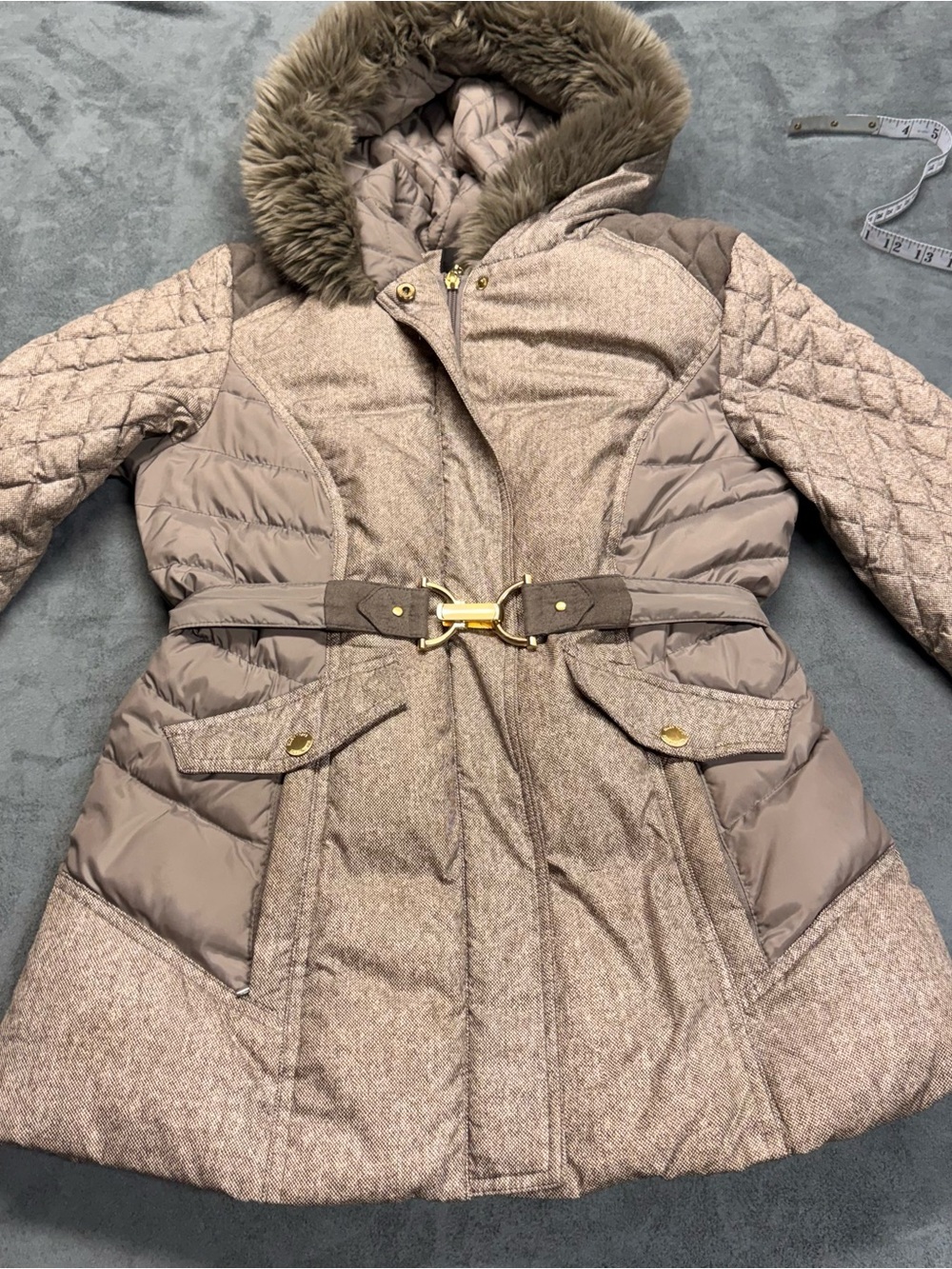 Ellen Tracy Taupe Mixed-Media Quilted Hooded Belted Coat